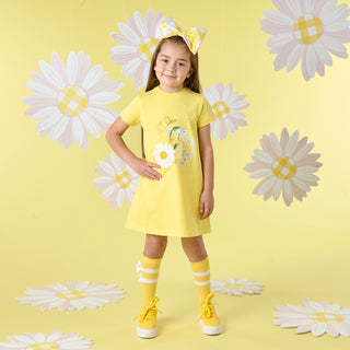 Yellow round neck knee length dress by ADEE summer 25 collection it has a lemonade design on the front with ADEE logo in dimantes
