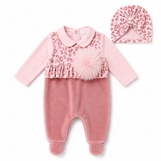Ninnaoh - Baby Girls Leopard Print Pom Baby Grow & Hat Set