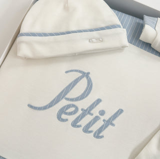Petit Italia - Baby Boys Blue & White Stripe Baby Grow Hat Bib & Blanket