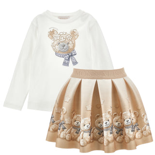 Monnalisa - Girls Caramel Teddy Bear Top & Skirt Set