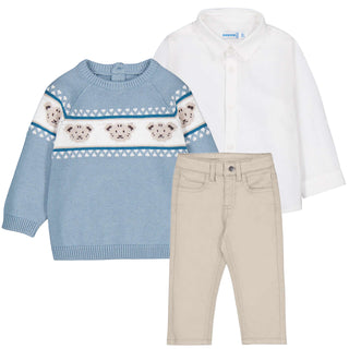 Mayoral - Baby Boys Blue Knitted Teddy Jumper, Shirt & Trouser Set