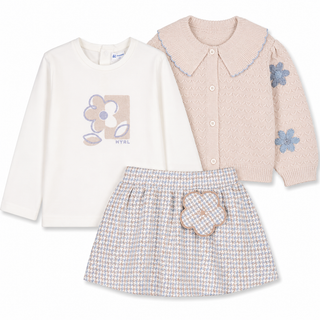 Mayoral - Girls Floral Cardigan, Top & Dogtooth Skirt Set