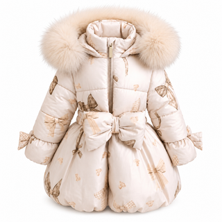 Bimbalo - Girls Beige Bow Print Padded Coat With Fur Hood