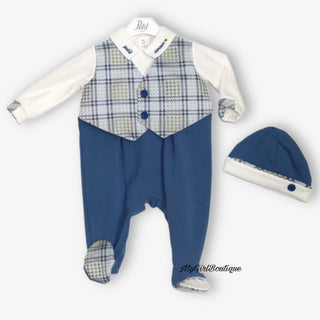 Petit Italia - Blue & Green Check Baby Grow