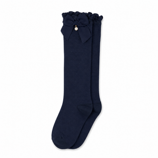 Mayoral - Girls Navy Knee High Bow Socks With Pearl Charm