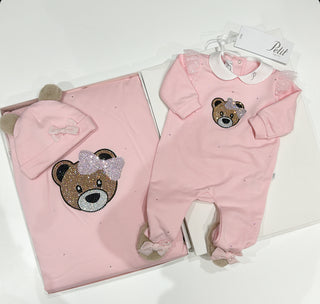 Petit Italia - Light Pink Embellished Teddy Babygrow Hat & Blanket