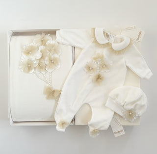 Bimbalo - Baby Girls Cream & Gold Flower Baby Grow Hat & Blanket Set