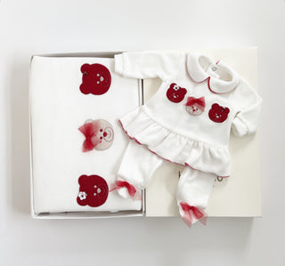 Bimbalo - Baby Girls Red & Ivory Teddy Bear Two Piece & Blanket Set