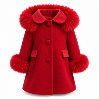 Bimbalo - Girls Red Traditional Coat With Fur Hood & Cuffs