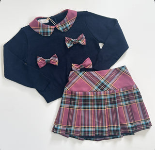 Bimbalo - Girls Navy Bow Knit & Pleated Skirt Set