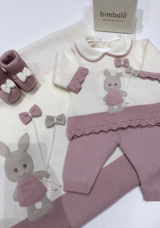 Bimbalo white long sleeve top with purple ridged edges, it has a rabbit appliqué in the centre holding bow balloons, piped in purple around the collar.Coordernating  blanket and booties included