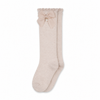 Mayoral - Girls Beige Knee High Bow Socks With Pearl Charm