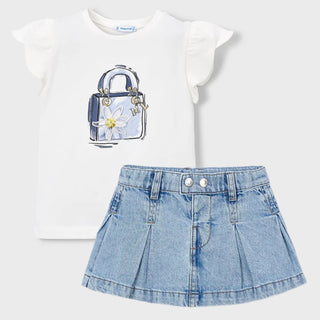 Mayoral - Girls Blue Handbag T-Shirt & Denim Skirt Set