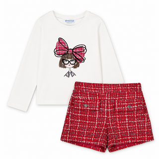 Mayoral - Girls Bow Print Top & Red Tweed Short Set