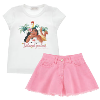 Monnalisa - Girls Moana Top & Fuchsia Pink Denim Shorts