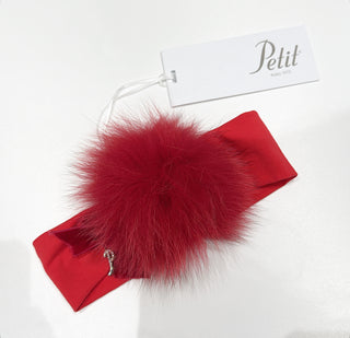 Petit Italia - Red Fur Pom Headband With Velvet Bow