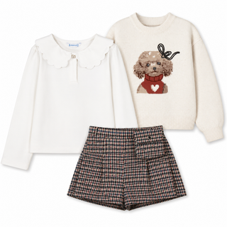Mayoral - Girls Puppy Knitted Jumper, Shirt & Check Shorts