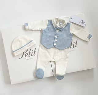 Petit Italia - Baby Boys Blue Stripe Baby Grow & Hat