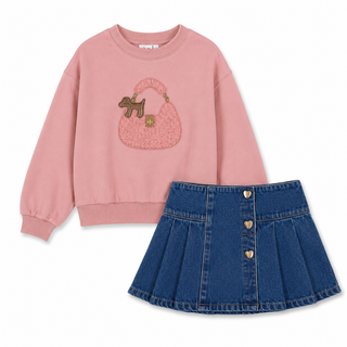 Mayoral - Girls Pink Handbag Jumper & Denim Skirt Set