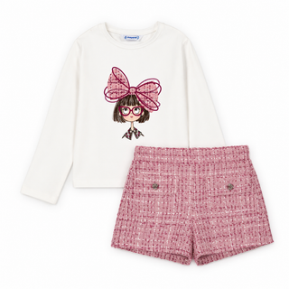Mayoral - Girls Bow Print Top & Pink Tweed Short Set