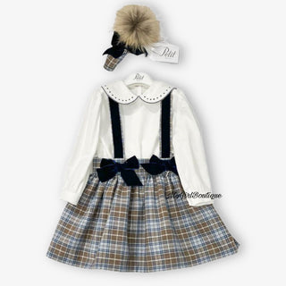 Petit Italia - Blue & Beige Girls Pinafore Dress With Headband