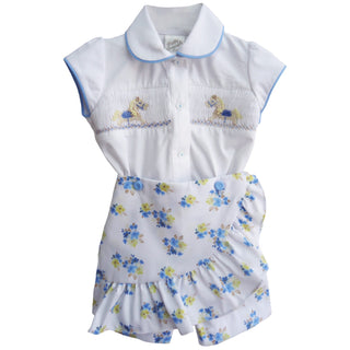 Pretty Originals - Girls Lemon & Blue Rocking Horse Smock Skort Set