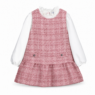 Mayoral - Girls Pink Tweed Pinafore Dress & White Frill Top Set