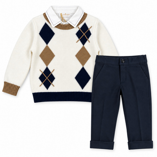 Bimbalo - Boys Boys Navy & Tan Argyle Shirt, Jumper & Trouser Set