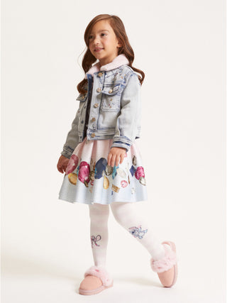 Little girl wearing Monnalisa stitch skirt set and denim jacket – My Girl Boutique luxury childrenswear