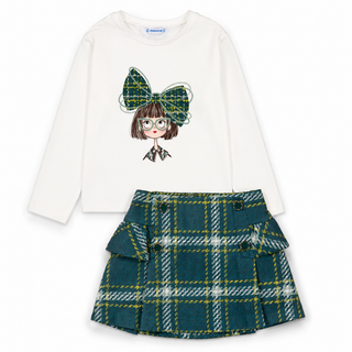Mayoral - Girls Bow Print Top & Green Check Skirt Set