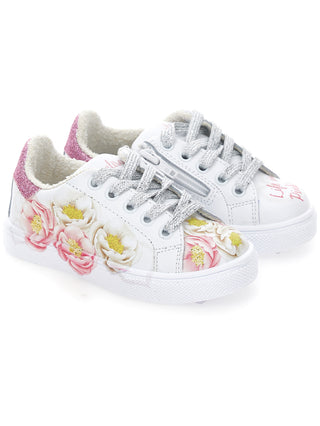 Monnalisa - White Leather Trainers With Pink Floral Print