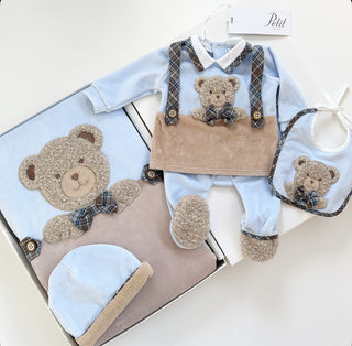 Petit Italia - Baby Boys Velour Bear Two Piece Hat Bib & Blanket Set