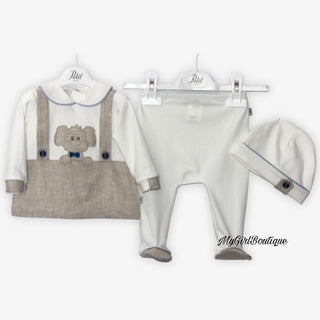 Petit Italia - Baby Boys Beige Puppy Two Piece & Hat