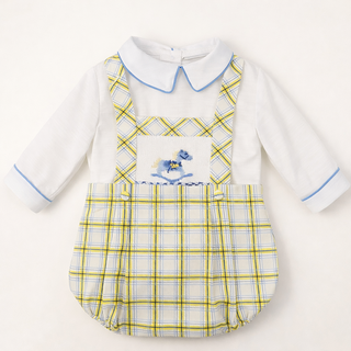 Pretty Originals - Baby Boys Blue & Lemon Smocked Rocking Horse Suit