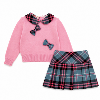 Bimbalo - Girls Candy Pink Knit Jumper  & Tartan Skirt