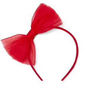 Red tulle bow headband on a white background