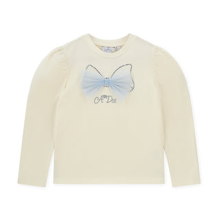 Beige long-sleeve top with a blue bow design on a white background