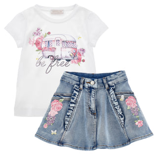 Monnalisa - Girls Garden Party Be Free Top & Denim Skirt Set