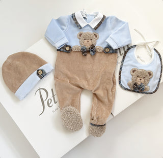 Petit Italia boys blue and tan baby grow with wear matched with bib and hat