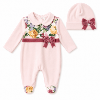 Ninnaoh - Baby Girls Pink Velour Floral Baby Grow & Hat