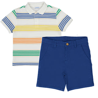 Mayoral Boys - Multicolour Stripe Polo Top & Blue Shorts