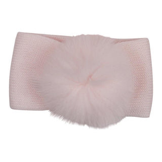 Pink knit soft headband with baby pink fur pom pom by Bimbalo for girls.