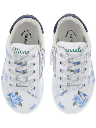 Monnalisa -  White Leather Blue Floral Trainers