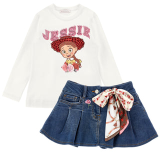 Monnalisa - Girls Jessie White Top & Denim Skirt Set