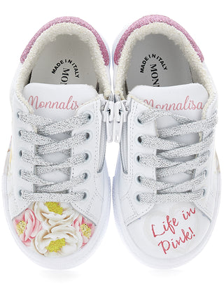 Monnalisa - White Leather Trainers With Pink Floral Print