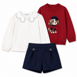 Mayoral - Baby Girls Puppy Knitted Red Jumper, Blouse & Short Set
