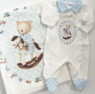 Jamiks - Baby Boys White Velour Teddy Rocking Horse Baby Grow & Blanket Set