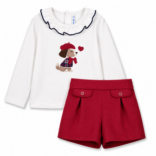 Mayoral - Baby Girls Puppy Ruffle Collar Top & Red Short Set