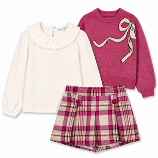 Mayoral - Girls Berry Knitted Bow Jumper, Blouse & Check Short Set