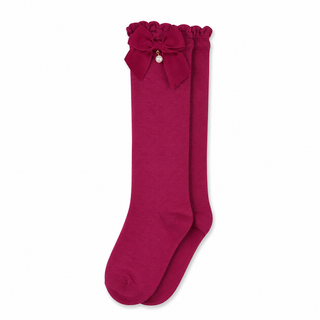 Mayoral - Girls Burgundy Knee High Bow Socks With Pearl Charm